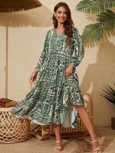 Women Summer Casual Dresses 3/4 Sleeve V Neck A-Line Flowy Boho Maxi Dress in Kuwait