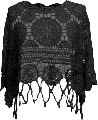 Womens Plain Fringe Trim Cut Out Sheer Cover Up,Boho Swim Coverup 3/4 Sleeve Beach Pool Bathing Suit Coverups in Saudi Arabia