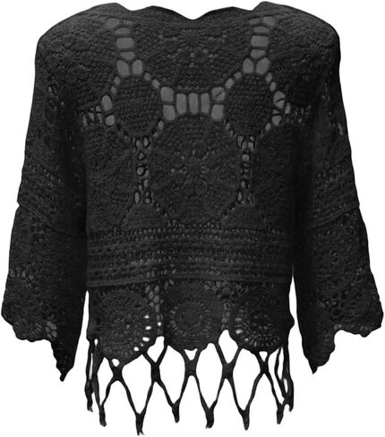 Womens Plain Fringe Trim Cut Out Sheer Cover Up,Boho Swim Coverup 3/4 Sleeve Beach Pool Bathing Suit Coverups in Saudi Arabia