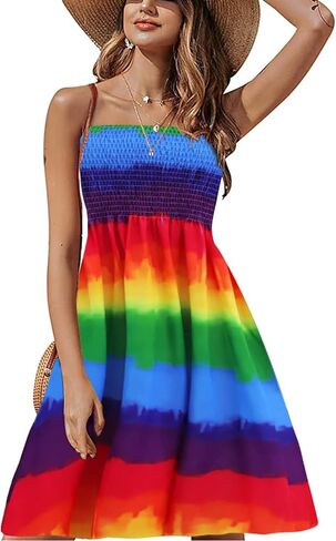 Strapless Dress for Women Summer Beach Bohemian Floral Tube Top Dress Women Sun Dresses Rainbow L in Saudi Arabia