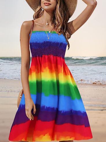 Strapless Dress for Women Summer Beach Bohemian Floral Tube Top Dress Women Sun Dresses Rainbow L in Saudi Arabia