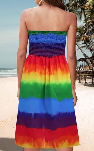 Strapless Dress for Women Summer Beach Bohemian Floral Tube Top Dress Women Sun Dresses Rainbow L in Saudi Arabia