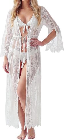 Unittype Women Sexy Lace Kimono, Sheer Swimsuit Cover Up, Long Cardigan, See Through Bikini Lingerie Robe, Summer Beachwear in Kuwait