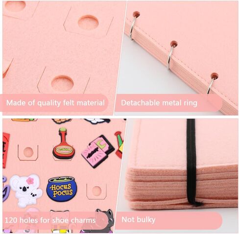 Collector's Book for Displaying Shoe Accessories, Flip-Flop LeatherShoe Charm Organizer, 120 Holes for Organizing and Storing Shoe Accessories While Traveling(COLOR:Pink, 26x21.3x3cm) in Saudi Arabia