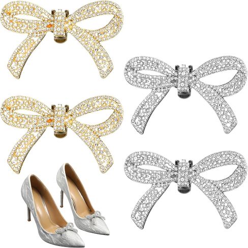 4pcs Bow Shoe Clips Detachable Crystal Shoe Clips Women Heel Clip Classic Fashion Sparkling RhineStone Heel Bling Charms Accessories for Bridal Wedding Party Gift (Gold + Silver) in Kuwait