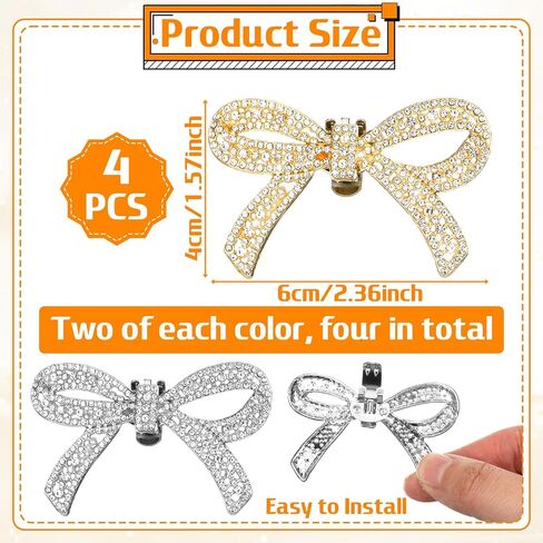 4pcs Bow Shoe Clips Detachable Crystal Shoe Clips Women Heel Clip Classic Fashion Sparkling RhineStone Heel Bling Charms Accessories for Bridal Wedding Party Gift (Gold + Silver) in Kuwait