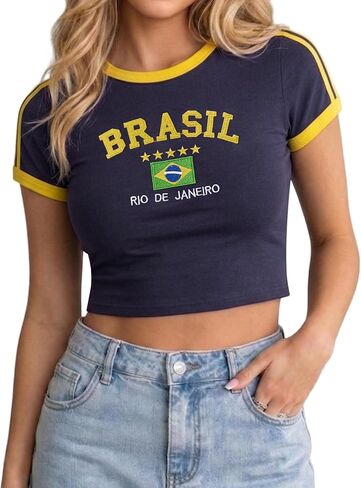 Clarisbelle Women's Y2K Baby Tee Slim Fit Ringer T-Shirt Retro Sporty Crop Top Blokecore Aesthetic Streetwear in Kuwait