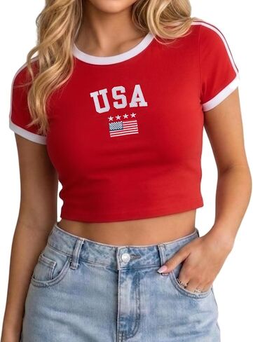 Clarisbelle Women's Y2K Baby Tee Slim Fit Ringer T-Shirt Retro Sporty Crop Top Blokecore Aesthetic Streetwear in Kuwait