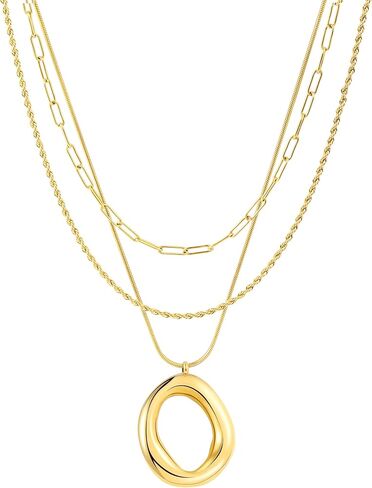 Layered Gold Necklaces for Women,18K Real Gold Plated Trendy Circle Pendant Necklace, Stackable Necklace Stainless Steel Jewelry Gifts for Birthday Valentine's, Mother's Day & Christmas in Saudi Arabia