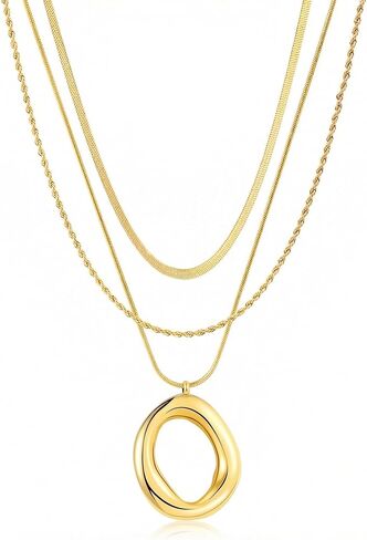 Layered Gold Necklaces for Women,18K Real Gold Plated Trendy Circle Pendant Necklace, Stackable Necklace Stainless Steel Jewelry Gifts for Birthday Valentine's, Mother's Day & Christmas in Kuwait