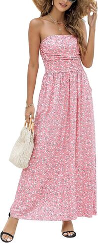 Women's Women 2022 Summer Strapless Boho Ditsy Floral Tube Top Hawaiian Sundresses Beach Party Long Maxi Dress in Saudi Arabia
