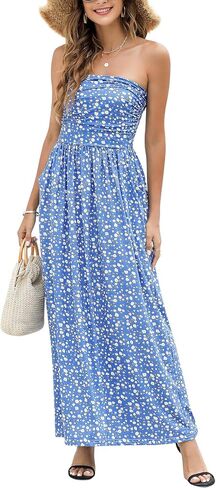 Women's Women 2022 Summer Strapless Boho Ditsy Floral Tube Top Hawaiian Sundresses Beach Party Long Maxi Dress in Saudi Arabia