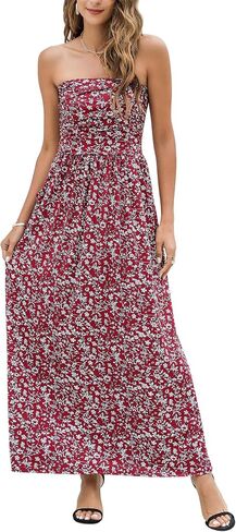 Women's Women 2022 Summer Strapless Boho Ditsy Floral Tube Top Hawaiian Sundresses Beach Party Long Maxi Dress in Saudi Arabia