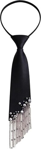 OhMill Pearl Ties for Women Neck Ties Rhinestone Tie Pre-Tied Tie Necklace for Women Black Neckties with Silver Tassel in Saudi Arabia