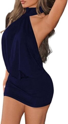 Sexy Halter Neck Backless Mini Dress for Women Sleeveless Ruched Bodycon Party Night Out Club Dresses in Saudi Arabia