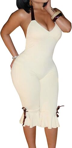 LAJIOJIO Women's Bodycon V Neck Jumpsuit Halter Backless Tie Capri Romper One Piece Club Party Outfits in Saudi Arabia