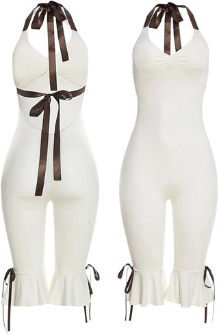 LAJIOJIO Women's Bodycon V Neck Jumpsuit Halter Backless Tie Capri Romper One Piece Club Party Outfits in Saudi Arabia