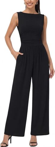 Women One Piece Jumpsuits Dressy Casual Sleeveless Crew Neck Wide Leg Pants Rompers with Pockets 2026 Summer Outfits in Kuwait