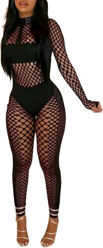 WEICHUJIAN Sexy Women Fishnet Jumpsuit Cutout Mesh Bodysuit High Stretch One Piece Long Sleeve Clubwear Party Outfit in Saudi Arabia