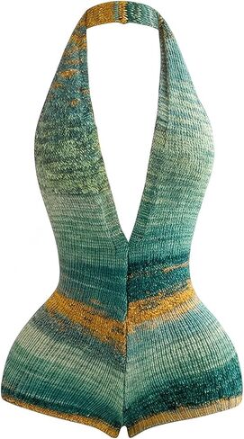 WDIRARA Women's Deep V Neck Backless Halter Knit Romper Striped Bodycon Shorts Jumpsuit Boho in Saudi Arabia
