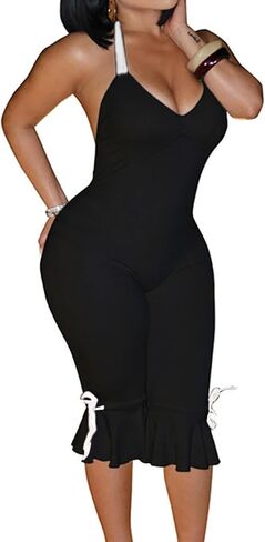 LAJIOJIO Women's Bodycon V Neck Jumpsuit Halter Backless Tie Capri Romper One Piece Club Party Outfits in Saudi Arabia