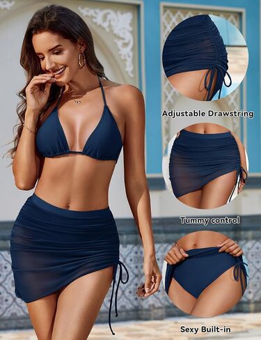 Women High Waisted Swim Skrit Mesh Ruched Tummy Control Drawsting Bikini Swimsuit Bthing Suit Bottom in Saudi Arabia