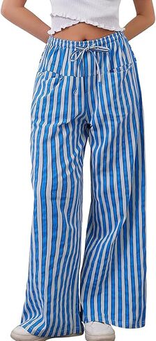 WOWULOVELY Women Casual Striped Drawstring Pants Wide Leg Pants with Pockets Elastic Trousers Loose Lounge Pajama in Saudi Arabia