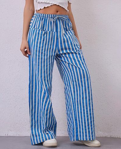 WOWULOVELY Women Casual Striped Drawstring Pants Wide Leg Pants with Pockets Elastic Trousers Loose Lounge Pajama in Saudi Arabia
