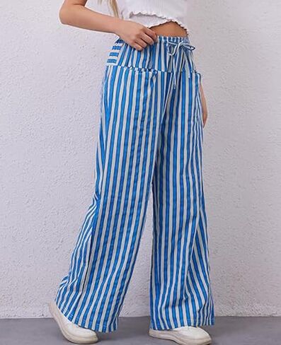 WOWULOVELY Women Casual Striped Drawstring Pants Wide Leg Pants with Pockets Elastic Trousers Loose Lounge Pajama in Saudi Arabia