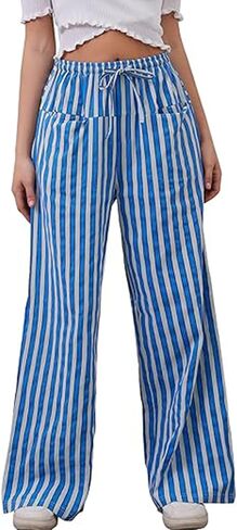 WOWULOVELY Women Casual Striped Drawstring Pants Wide Leg Pants with Pockets Elastic Trousers Loose Lounge Pajama in Saudi Arabia