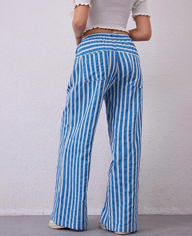 WOWULOVELY Women Casual Striped Drawstring Pants Wide Leg Pants with Pockets Elastic Trousers Loose Lounge Pajama in Saudi Arabia