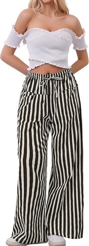 WOWULOVELY Women Casual Striped Drawstring Pants Wide Leg Pants with Pockets Elastic Trousers Loose Lounge Pajama in Saudi Arabia