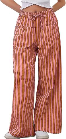 WOWULOVELY Women Casual Striped Drawstring Pants Wide Leg Pants with Pockets Elastic Trousers Loose Lounge Pajama in Saudi Arabia