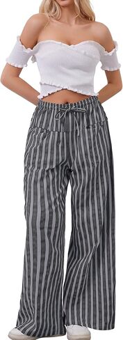 WOWULOVELY Women Casual Striped Drawstring Pants Wide Leg Pants with Pockets Elastic Trousers Loose Lounge Pajama in Saudi Arabia