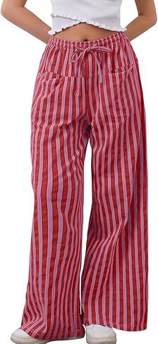 WOWULOVELY Women Casual Striped Drawstring Pants Wide Leg Pants with Pockets Elastic Trousers Loose Lounge Pajama in Saudi Arabia