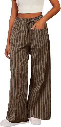 WOWULOVELY Women Casual Striped Drawstring Pants Wide Leg Pants with Pockets Elastic Trousers Loose Lounge Pajama in Saudi Arabia