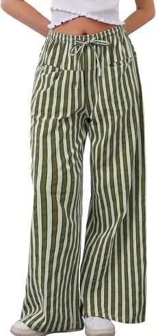 WOWULOVELY Women Casual Striped Drawstring Pants Wide Leg Pants with Pockets Elastic Trousers Loose Lounge Pajama in Saudi Arabia