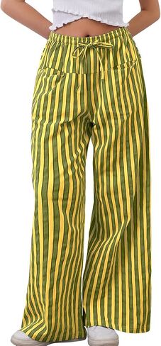 WOWULOVELY Women Casual Striped Drawstring Pants Wide Leg Pants with Pockets Elastic Trousers Loose Lounge Pajama in Saudi Arabia