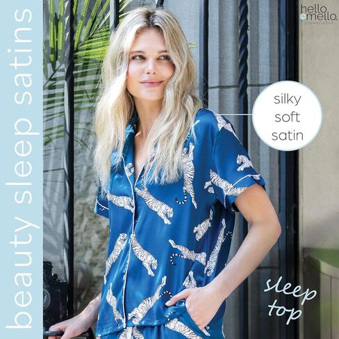Hello Mello Beauty Sleep Satin Button-Down Pajama Lounge Shirt & Lounge Pajama Shorts For Women - Sleep Easy Tiger, Large/X-Large in Kuwait