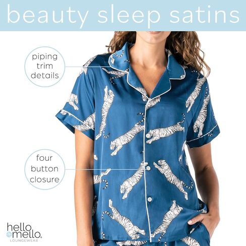 Hello Mello Beauty Sleep Satin Button-Down Pajama Lounge Shirt & Lounge Pajama Shorts For Women - Sleep Easy Tiger, Large/X-Large in Kuwait