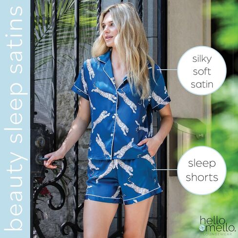 Hello Mello Beauty Sleep Satin Button-Down Pajama Lounge Shirt & Lounge Pajama Shorts For Women - Sleep Easy Tiger, Large/X-Large in Kuwait