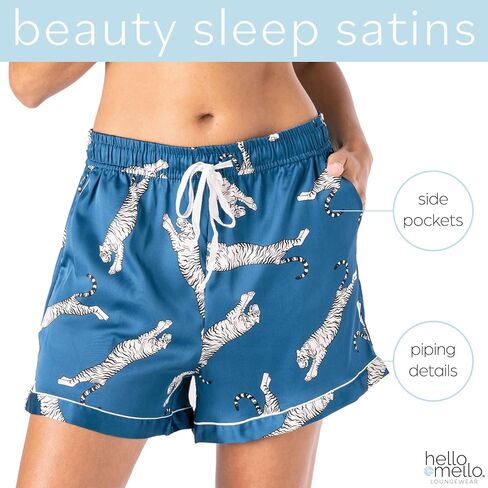 Hello Mello Beauty Sleep Satin Button-Down Pajama Lounge Shirt & Lounge Pajama Shorts For Women - Sleep Easy Tiger, Large/X-Large in Kuwait