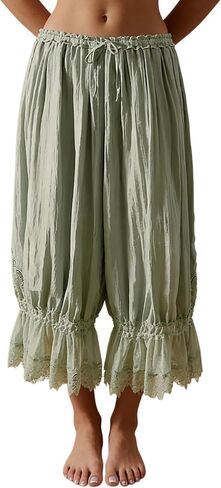 Seyumixi Women Lace Ruffled Long Bloomer Pants Lace Trim Pantaloons Elastic Waist Cropped Slip Pants Capri Pj Bottoms in Saudi Arabia