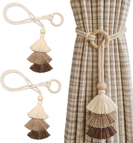 2 Pack Boho Curtain Tiebacks,Beige Hand Knitting Cotton Curtain Holdbacks with Adjustable Natural Wooden Bead for Indoor Outdoor Drapes Decorative in Saudi Arabia