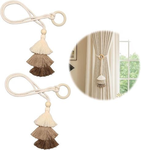 2 Pack Boho Curtain Tiebacks,Beige Hand Knitting Cotton Curtain Holdbacks with Adjustable Natural Wooden Bead for Indoor Outdoor Drapes Decorative in Saudi Arabia
