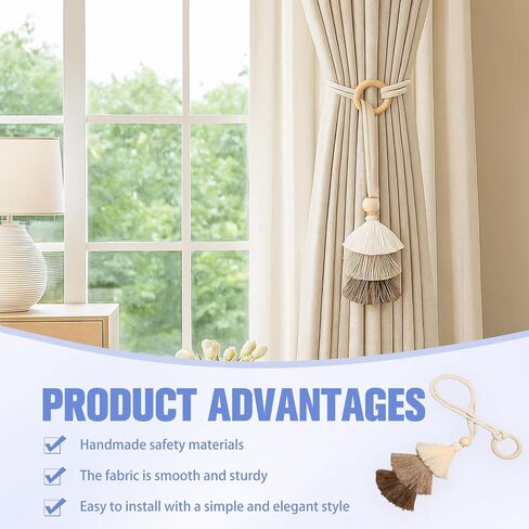 2 Pack Boho Curtain Tiebacks,Beige Hand Knitting Cotton Curtain Holdbacks with Adjustable Natural Wooden Bead for Indoor Outdoor Drapes Decorative in Saudi Arabia