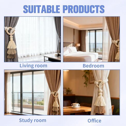 2 Pack Boho Curtain Tiebacks,Beige Hand Knitting Cotton Curtain Holdbacks with Adjustable Natural Wooden Bead for Indoor Outdoor Drapes Decorative in Saudi Arabia