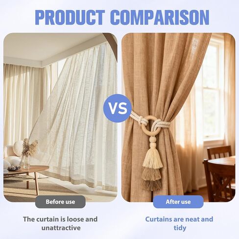 2 Pack Boho Curtain Tiebacks,Beige Hand Knitting Cotton Curtain Holdbacks with Adjustable Natural Wooden Bead for Indoor Outdoor Drapes Decorative in Saudi Arabia