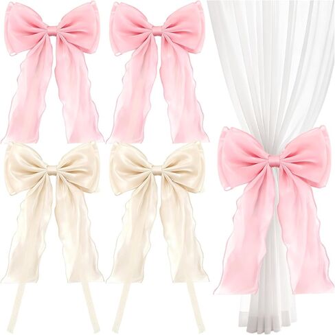 Tmtians 4 Pcs Bow Curtain Tiebacks Pink&White Elegant French Silky Lace Ribbon Bow Curtain Holdbacks Decorative Ties for Curtains Home Bedroom Office Dining Living Room Wedding Party Decor Accessories in Saudi Arabia