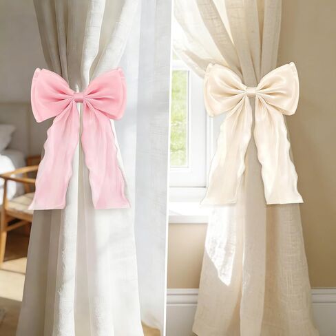 Tmtians 4 Pcs Bow Curtain Tiebacks Pink&White Elegant French Silky Lace Ribbon Bow Curtain Holdbacks Decorative Ties for Curtains Home Bedroom Office Dining Living Room Wedding Party Decor Accessories in Saudi Arabia
